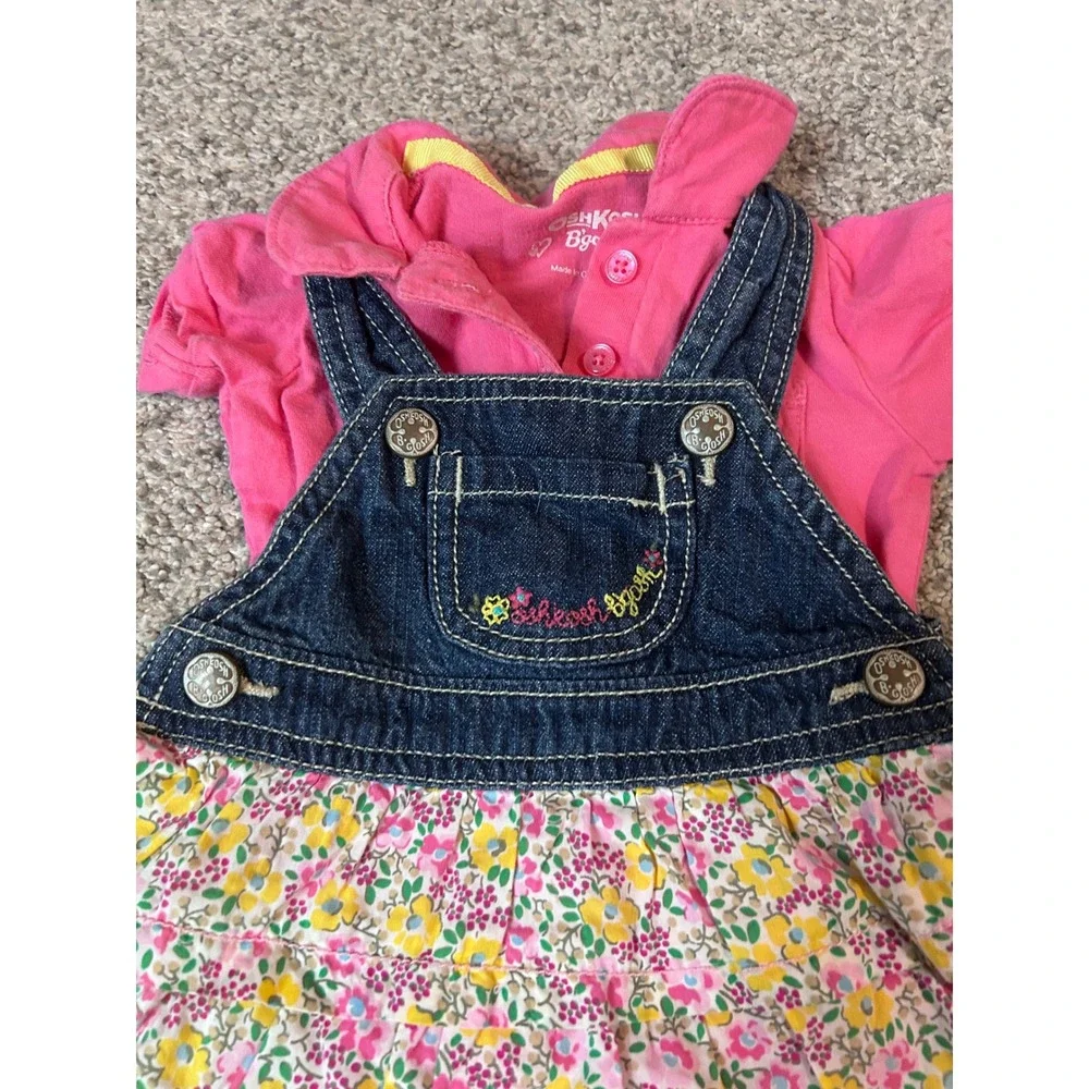 OshKosh Bgosh Baby Girls 3M Pink Polo Bodysuit Denim Floral Overall Dress Set